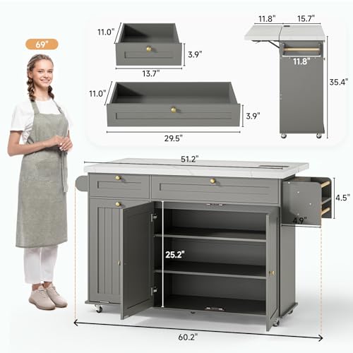 60" Kitchen Island with Power Outlet & Drop Leaf, Rolling Island with Spice Rack & Towel Rack, Kitchen Island Cart with Trash Storage Cabinet, Island Table for Kitchen, Grey+Imitation Marble - color: Grey+imitation Marble