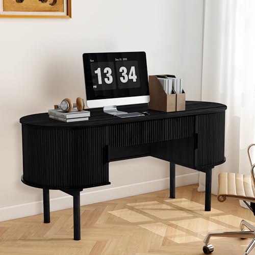 Executive Office Desk with Storage, 63 Inch Large Computer Workstation Desk with Drawer and File Cabinets, Mid Century Modern Fluted Wood Writing Desk for Home Office, Study Room, Living Room, Black - color: Black