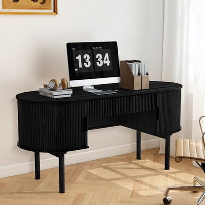 Executive Office Desk with Storage, 63 Inch Large Computer Workstation Desk with Drawer and File Cabinets, Mid Century Modern Fluted Wood Writing Desk for Home Office, Study Room, Living Room, Black - color: Black