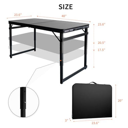 Folding Camping Table, Black Aluminum Frame,3-Position Adjustable Height,Lightweight Carry Handle, Portable for Travel, Camping Outdoor Use, 3.3FT x 2FT(Medium), Black - size: 3.2 ft x 2 ft × 1.97 ft H