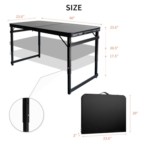 Folding Camping Table, Black Aluminum Frame,3-Position Adjustable Height,Lightweight Carry Handle, Portable for Travel, Camping Outdoor Use, 3.3FT x 2FT(Medium), Black - size: 3.2 ft x 2 ft × 1.97 ft H