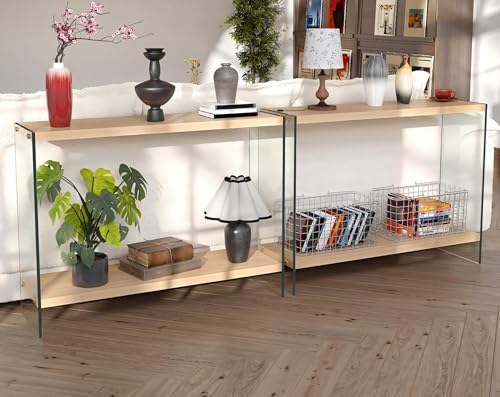 Console Table 2-Tier: 31.5 in Wide Rectangle Wood Shelf Glass Sides | Modern Desk Console Sofa Table Stand for Entryway - size: 31.5“W x 11.8"D x 30"H