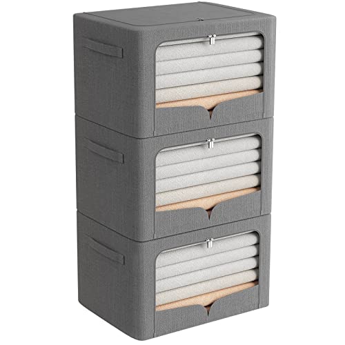 FHSQX 3 Pack Extra Large Clothes Storage Bins Foldable Metal Frame Storage Box Stackable Linen Fabric Organizer Set with Carrying Handles and Clear Window (Dark Gray, 23.6x16.5x15.7inch(100L)) - color: Dark Gray, size: 23.6x16.5x15.7inch(100L)