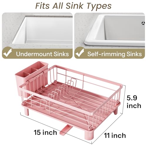 SNTD Dish Drying Rack for Small Kitchen Counter, 11" W x 15" L, Pink | Space Saving, Rotating Spout & Angled Drainboard for Quick Drainage, Stainless Steel, Removable Utensil Holder - color: Pink, size: 11" W x 15" L
