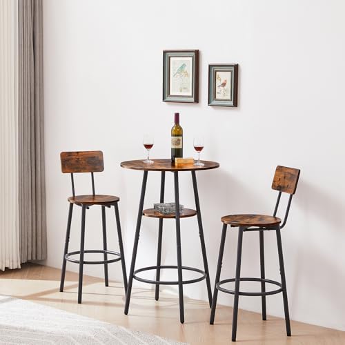 23.6” Diameter Round Bar Table Set for 2 with Storage Shelf, Counter Height Pub Table and Chairs, Small Round Kitchen Table with Backrest Stools for Small Spaces, Breakfast Nook Dining Table - color: Rustic Brown, style: Round w/ Wood Seat Stool