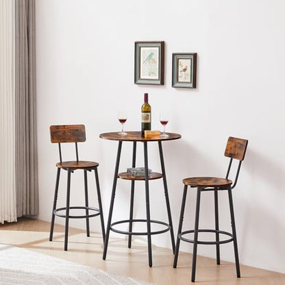 23.6” Diameter Round Bar Table Set for 2 with Storage Shelf, Counter Height Pub Table and Chairs, Small Round Kitchen Table with Backrest Stools for Small Spaces, Breakfast Nook Dining Table - color: Rustic Brown, style: Round w/ Wood Seat Stool