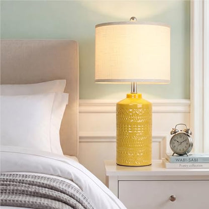JUNNAI 25" Modern Bedside Ceramic Table Lamps for Living Room Mustard Yellow Nightstand 3-Way Dimmable Lamp Farmhouse Lamp for Bedroom Entryway Tabletop(Bulb Included) - color: Mustard Yellow