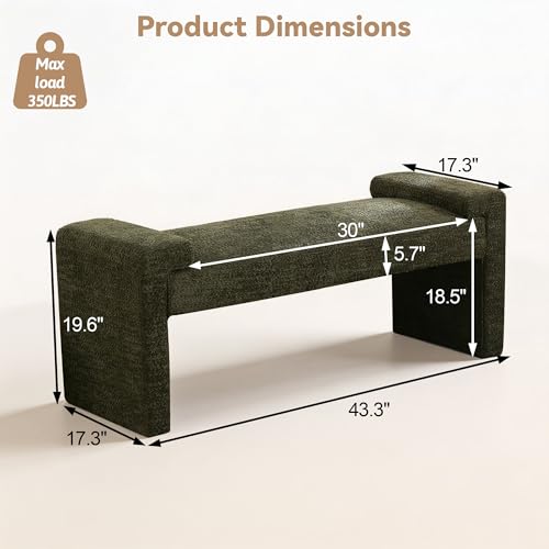 Upholstered Entryway Bench, 43" Modern Bedroom Bench, Green | Sherpa Fleece, Curved Armrests, Solid Wood Frame, End of Bed, Bedroom, Living Room, Hallway - color: Green-sherpa, size: 43"