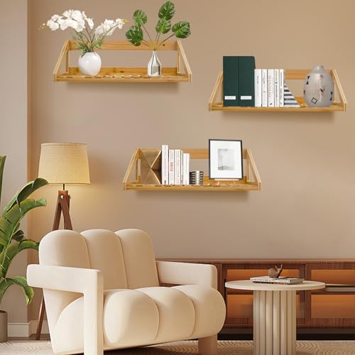 Floating Shelves Wall Mounted 3 Pcs Bamboo Wall Hanging Rack Holder | Wall Hanging Rack Holder, Wall Storage Shelves, For Bedroom, Living Room, Bathroom, Kitchen, Office Decor