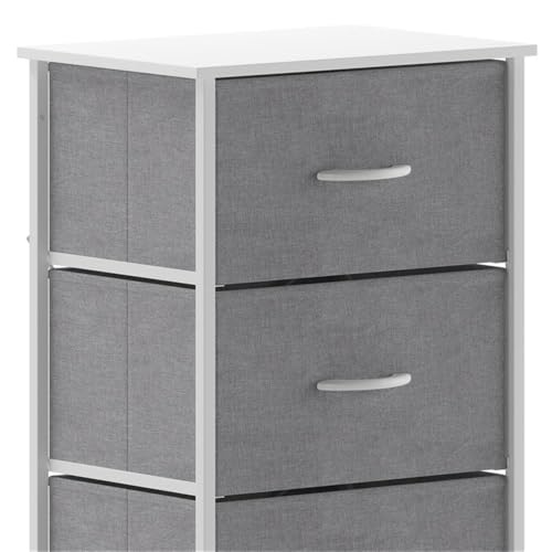 Pemberly Row Contemporary 4 Drawer Dresser, 17.75" W x 12.5" D x 37.25" H, Cast Iron Frame with White Wood Top, Gray Non-Woven Fabric Drawers, Adjustable Floor Glides, Vertical Storage Organizer for
