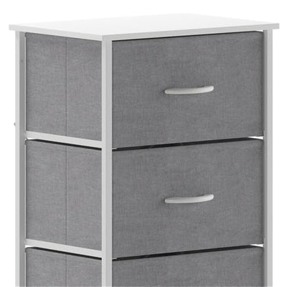 Pemberly Row Contemporary 4 Drawer Dresser, 17.75" W x 12.5" D x 37.25" H, Cast Iron Frame with White Wood Top, Gray Non-Woven Fabric Drawers, Adjustable Floor Glides, Vertical Storage Organizer for