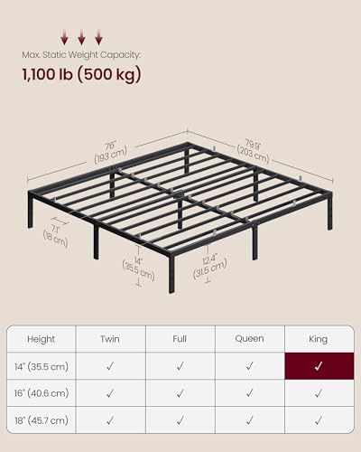 VASAGLE King Metal Bed Frame 14 Inches Tall, 1100 lb Weight Capacity, No Box Spring Needed, with Under-Bed Storage, Easy Setup, Heavy-Duty Platform Bed, Mattress Retainers, Matte Black URMB654BD02S - size: King, style: 14 Inch