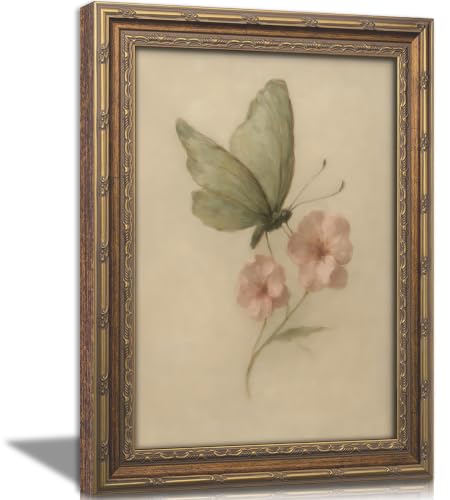 Vintage Gold Framed Wall Art, Retro Butterfly and Pink Flower Oil Painting Canvas Prints, Beige Insect Picture, Rustic Farmhouse Moth Cottagecore Poster Artwork for Living Room Bedroom Bathroom - color: Butterfly, size: 11"L x 9"W