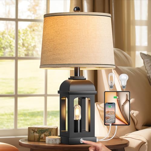 Table Lamp for Bedroom Living Room, Farmhouse Lamps with Nightlight, Black | 2 LED Bulb Included, USB A+C Charging Ports, 3-Way Dimmable, Rotary & Touch Control Switch, 26" Rustic Nightstand Lamp - color: Black, size: 1 Pack