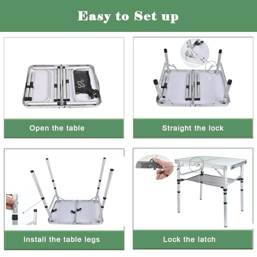 Small Folding Camping Table, 2ft Portable Picnic Table Aluminum 24" x 16" Folding Table, 3 Adjustable Heights Portable Lightweight Table Dining Table for RV, Picnic, Beach (White) - color: White