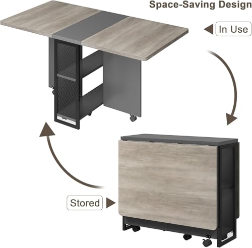Premium Folding Dining Table - Space-Saving Drop Leaf Design with 6 Wheels & 2-Tier Storage - Expandable Kitchen & Dining Room Table in Grey