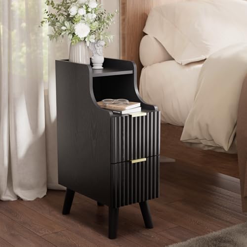 EAG Fluted Narrow Nightstand, Skinny Bedside Table with 2 Drawers, Black | Wooden Small End Table for Small Spaces, Mid Century Modern Night Stand, Slim End Table for Bedroom - color: Black, size: 8" W
