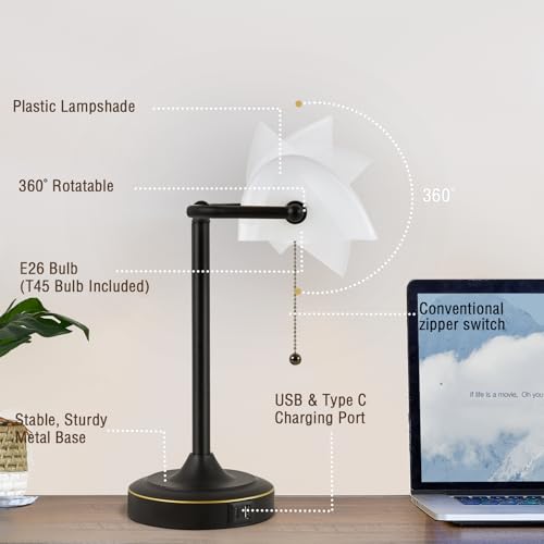 빈티지 책상 램프 뱅커 램프 - 플라스틱 전등갓 블랙 레트로 테이블 램프 USB 및 타입 C 충전 포트 포함 전통적인 라이브러리 램프 홈 오피스 나이트 스탠드 침실 사이드 테이블 램프 - 전구 포함 - color: 블랙.