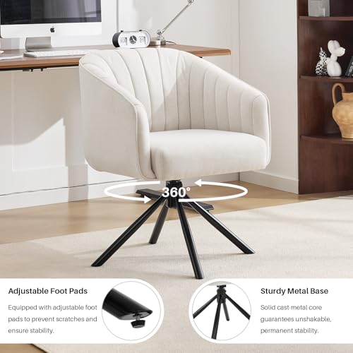 Swivel Desk Chair No Wheels Modern Upholstered Vanity Chairs Stationary | Comfy Dining Chairs with Mid Back Computer Task Chair Swivel Accent Arm-Chair for Home Office/Vanity/Bedroom, Beige - color: Beige