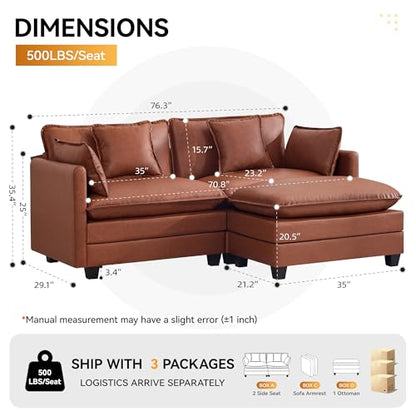 76'' Cloud Deep Seat Loveseat Sofa, Upholstered Leather Modular 2-Seats Sectional Sofa Couch with Movable Ottoman, Modern Comfy Settee Loveseat for Living Room Set, Small Apartment,Leather Brown - color: Pu-dark Brown, size: 76'' L Shape
