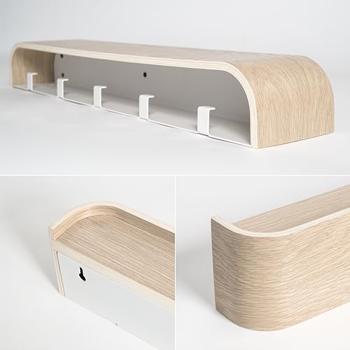 Kazai. Wall-Mounted Coat Rack 'Toke' - Modern Design Coat Rack with Hidden Wall Hooks - Solid Wood Veneer Panel Coat Hanger - Oak, White - color: Oak, White, size: 5 Hooks
