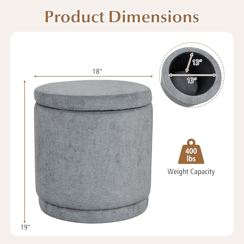 GIANTEX Round Ottoman with Storage, Chenille Fabric Vanity Stool with Removable Lid, Acacia Wood Frame, Ottoman Foot Rest for Living Room, Bedroom, Makeup Room No Assembly (Warm Light Gray)