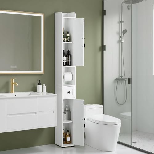 VECELO Tall Narrow Storage Cabinet with Adjustable Shelves, Slim Freestanding Bathroom Cabinet with Toilet Paper Holder, 2 Magnetic Doors & Drawer, for Small Spaces, 7.9" D x 7.9" W x 67" H, White - color: Cabin Top