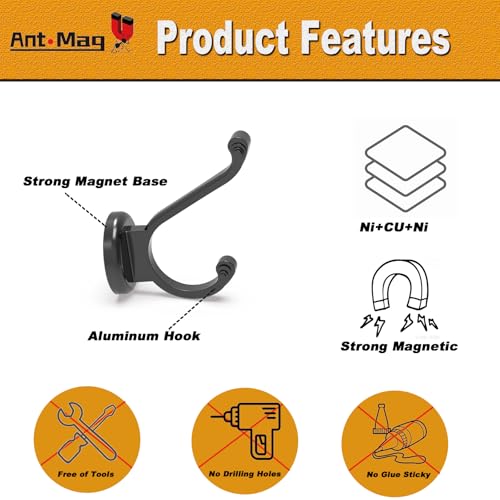 Ant Mag Magnetic Hooks Heavy Duty 140LBS, Neodymium Wall Coat Hooks 2 Pack | Strong Magnet Hooks for Hanging Coats, Robes, Backpacks, Bags, Hats, Keys, Mugs, Cups, Towels,Black - color: Black, size: 2 Pack