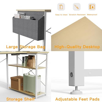 TIQLAB L-Shaped Computer Desk with Power Outlets - Reversible Shelves, 47 Inch Gaming & Study Desk in Beige - color: Beige, size: 47 Inch