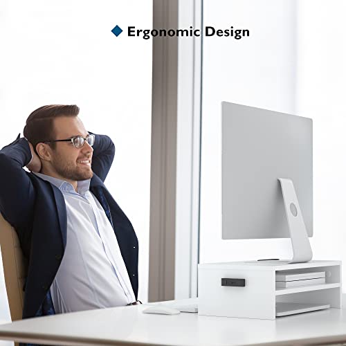 BONTEC Wooden Monitor Stand Riser for Desk, 2-Tier Computer Monitor Stand | 66 lbs Desk Shelf Organizer with Storage, Laptop & Printer Stand with Phone Holder and Cable Management, White, 16.5 Inch - color: White, size: 16.5 Inch