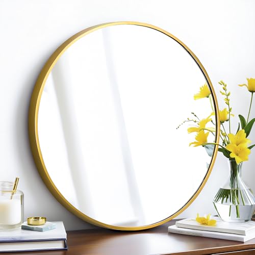 SCWF-GZ 24" Round Mirror Circle Wall Mounted Hanging or Against Wall Metal Frame Dressing Make-up Mirrors for Entryway Bedroom Bathroom Living Room 24 inch Gold | HD Crystal Clear No distortion Tempered Glass,Aluminum Frame,Make-Up Mirrors for Bedroom,Ent
