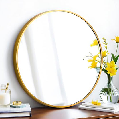 SCWF-GZ 24" Round Mirror Circle Wall Mounted Hanging or Against Wall Metal Frame Dressing Make-up Mirrors for Entryway Bedroom Bathroom Living Room 24 inch Gold | HD Crystal Clear No distortion Tempered Glass,Aluminum Frame,Make-Up Mirrors for Bedroom,Ent