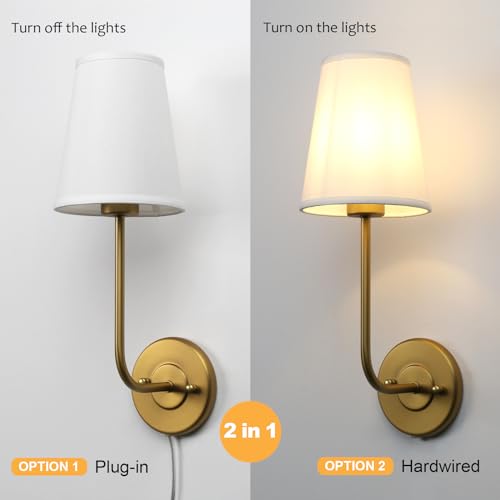 Plug in Wall Sconce, Rustic Wall Light Fixture with On/Off Switch and Pure White Fabric Lampshade, Antique Brass Wall Lamp for Living Room Bedroom - size: 1-pack