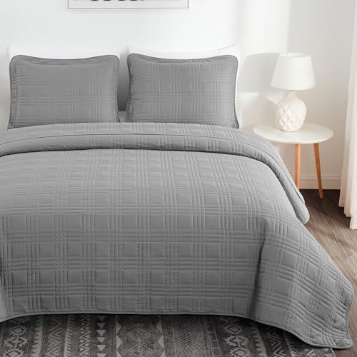 Chezmoi Collection Kingston Queen Size Bedspread Set, 3-Piece Gray Oversized Quilted Microfiber Lightweight Bedspread Coverlet (100"x106") for All Seasons - color: Gray, size: Queen