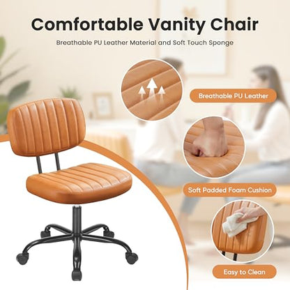 YSSOA Home Office Desk Chair Small Computer Chair Ergonomic with Low Back Lumbar Support, Height Adjustable Armless PU Leather Vanity Stool 360° Swivel Rolling Chair, Brown - color: Brown