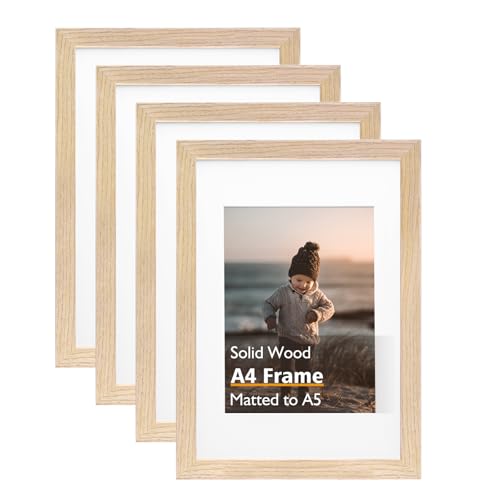 A4 Picture Frame Natural, Solid Wood Frames with Acrylic Plexiglass for Pictures A5 with Mat or A4 without Mat, Tabletop and Wall Display Photo Frame, Set of 4 - color: Natural, size: A4