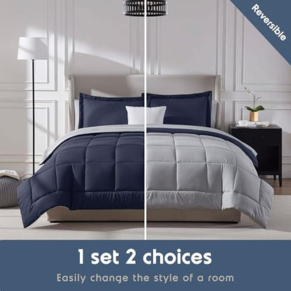 Nestl 7 Piece Full Comforter Set – Navy Reversible Bed in a Bag – Complete Full Size Bedding Set with Sheets, Pillowcases and Shams - color: Navy, size: Full
