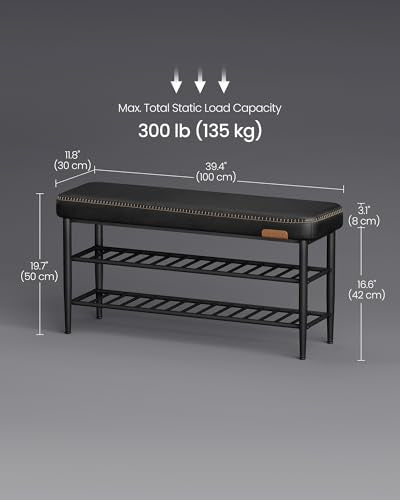 VASAGLE Shoe Bench, Synthetic Leather with Stitching, Loads 300 lb | Shoe Rack Bench Entryway, Transitional, 39.4 x 11.8 x 19.7 Inches, Ink Black, EKHO Collection ULSB113B01 - color: Ink Black, size: 39.4"W