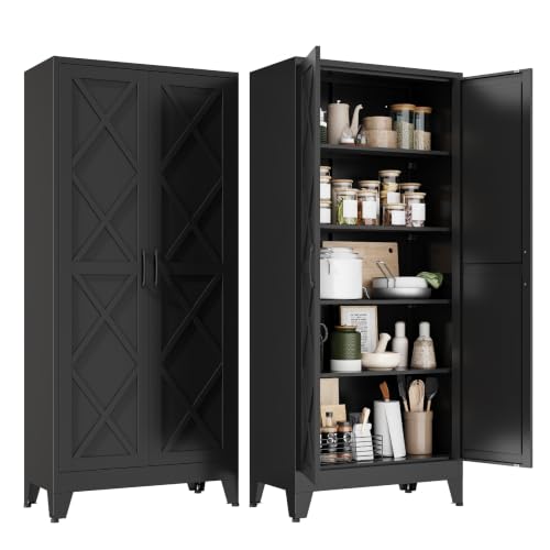 Metal Storage Cabinet with Doors and Adjustable Shelves | 71" Tall Pantry Cabinet for Kitchen Dining Room Bathroom Garage,Black,1 Pce - color: Black, size: 15.8"D x 31.5"W x 71"H-3