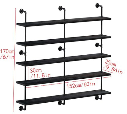HDDFER Floating Shelves for Wall Bookshelf Industrial Pipe Shelving Shelves 60 Inch 5 Tier Natural Wood Planks Rustic Wall Shelves Hanging Bookshelves Farmhouse Kitchen Shelving - color: Black, size: 5Tier60in
