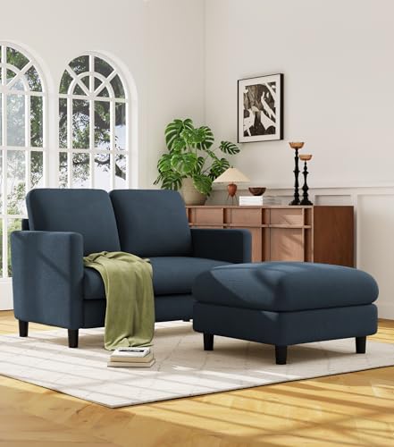 Welzona Loveseat Sofa with Ottoman, 51" Small L Shaped Teddy Couch Sofa | Comfy Teddy Fabric, Tool-free Setup, Washable Covers, All-wood Couch Sets for Living Room, Bedroom, Small Spaces, Blue Grey - color: Blue Grey, size: loveseat & ottoman