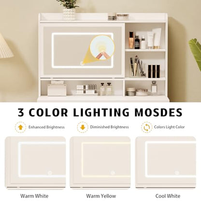 Viaozutis Vanity Desk with a Mirror and Lights，with Chair and Four Drawers, Three Adjustable Lighting Modes，with Power Outlet and Sliding LED Mirror,Bedroom Vanity Desk (White) - style: White