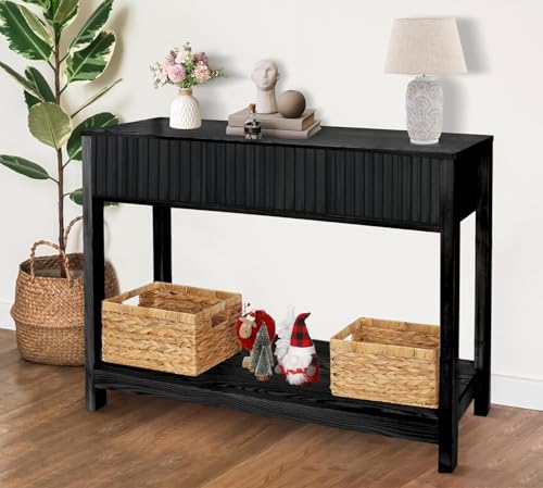 Fluted Console Table, Long Console Tables for Entryway 48" Vanity Desk, Black Boho Entry Table Narrow Modern Hallway Table Modern Sofa Table for Living Room - color: Black-4 Legs