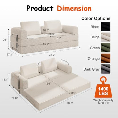 78" Convertible Sofa Bed, Corduroy Pull Out Couch with Fixed Frame & Pocket | 5-in-1 Boneless Sleeper Sofa, Couch Bed with 2 Pillows, Living Room, Small Spaces, Bedroom, No Assembly - color: 78''beige
