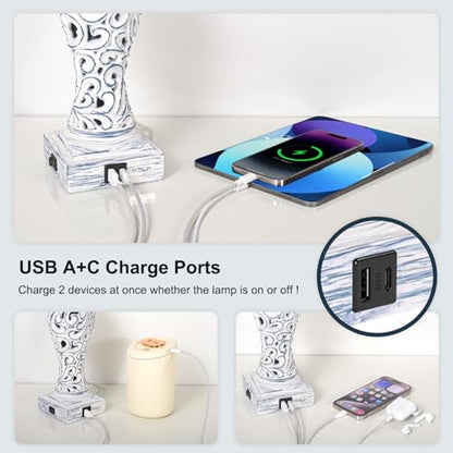 3-Way Dimmable Table Lamp with 2 USB Charging Ports, Washed Blue Finish | 20" Desk Lamp, Uplight, White Alabaster Glass Shade, Rustic Farmhouse Nightstand Light for Living Room Entryway or Office - color: Washed Blue-1 PCS