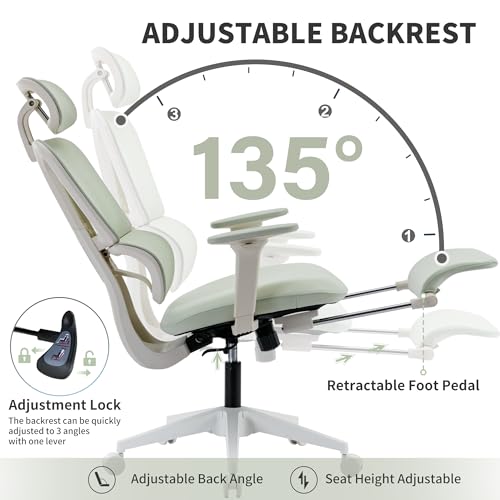 Ergonomic Office Chair with Footrest, 90-135° Reclining High Back Desk Chair with Lumbar Support, 2D Headrest, 2D Armrests, Computer Chair for Long Hours, Green - color: Green