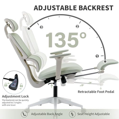 Ergonomic Office Chair with Footrest, 90-135° Reclining High Back Desk Chair with Lumbar Support, 2D Headrest, 2D Armrests, Computer Chair for Long Hours, Green - color: Green