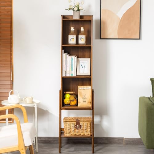 latifolia Bookshelf, 4-Tier Bamboo Bookcase with Bottom Storage Shelving, Narrow Corner Storage Organizer for Modern Living Spaces-Walnut - color: Walnut, size: 4 Tier