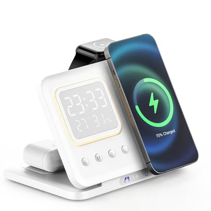 IHAO 5in1 Multi Functional Wireless Charger with Digital Clock 15W Fast Charge Night Light Temperature Display MagSafe Compliant for iPhone iWatch and Qi Headphone-DH13 White - color: 5IN1 MagSafe Compliant DH13 White