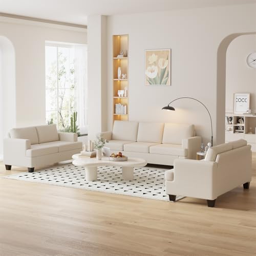 Furnimart Modern 3 Seater Couch and Loveseat Sets, Comfy Couches Set for Living Room, Deep Seat Sectional Sofa and Love Seat Set, Beige 7-Seater - color: Beige, size: 2 Loveseats + 3 Seater Sofa